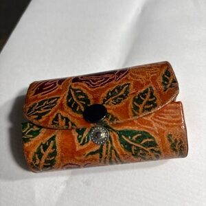 M -Kane Handpainted Leaf Leather Double Lipstick Holder- Brown & Green
